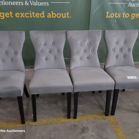 SET OF FOUR UPHOLSTERED BUTTONED RING BACK DINING CHAIRS GREY PLUSH FABRIC ON BLACK PAINTED LEGS 