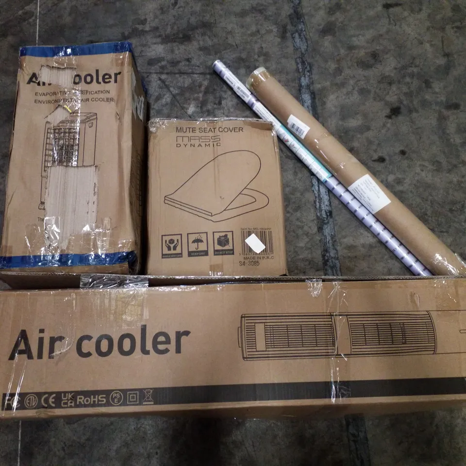 PALLET OF ASSORTED PRODUCTS INCLUDING AIR COOLER, TOILET SEAT, WINDOW FILM, CURTAIN ROD 