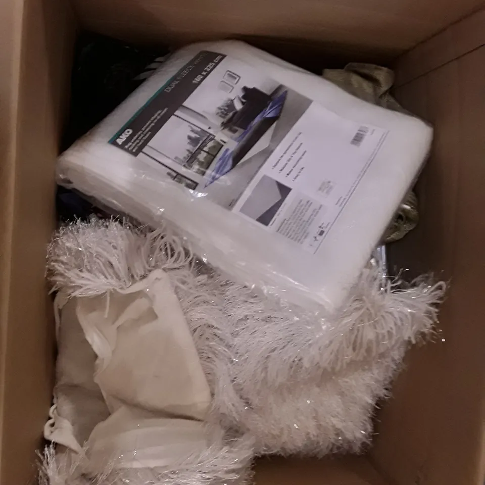 BOX TO CONTAIN AN ASSORTMENT OF CURTAINS, CUSHION COVERS AND THROWS ECT 