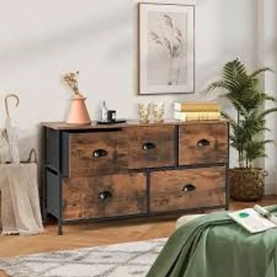 BOXED COSTWAY 5-DRAWER MULTIFUNCTION DRESSER WITH FOLDABLE DRAWERS AND WOODEN TOP-RUSTIC BROWN