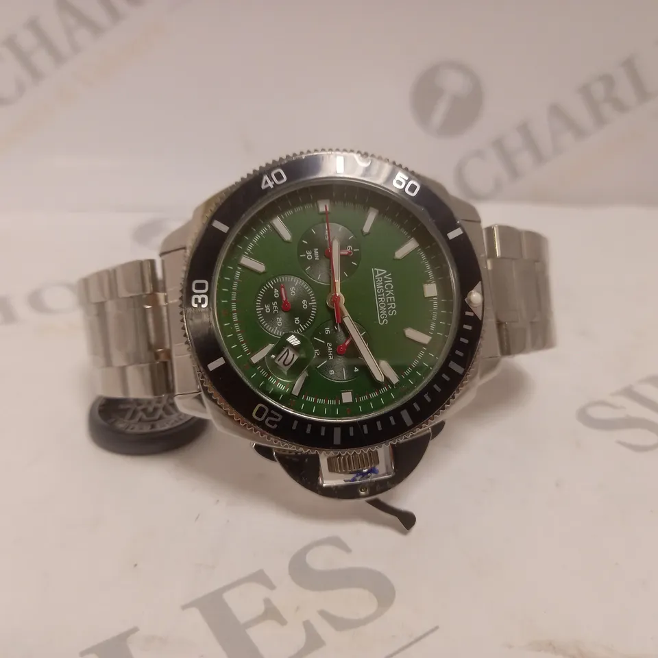 BOXED VICKERS ARMSTRONGS GEOSPHERE STEEL WATCH WITH GREEN FACE