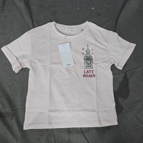 MANGO KID'S LATE AGAIN SHORT SLEEVE TOP IN PALE PINK SIZE 4-5
