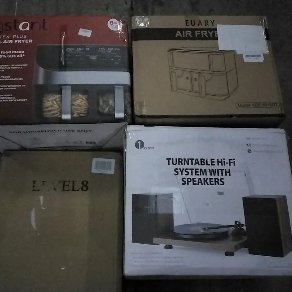 PALLET OF ASSORTED ITEMS INCLUDING DUAL AIR FRYER, TURNTABLE HI-FI SYSTEM WITH SPEAKERS, HEATED BLANKET, LEVEL8 SUITCASE, POP-UP TENT 