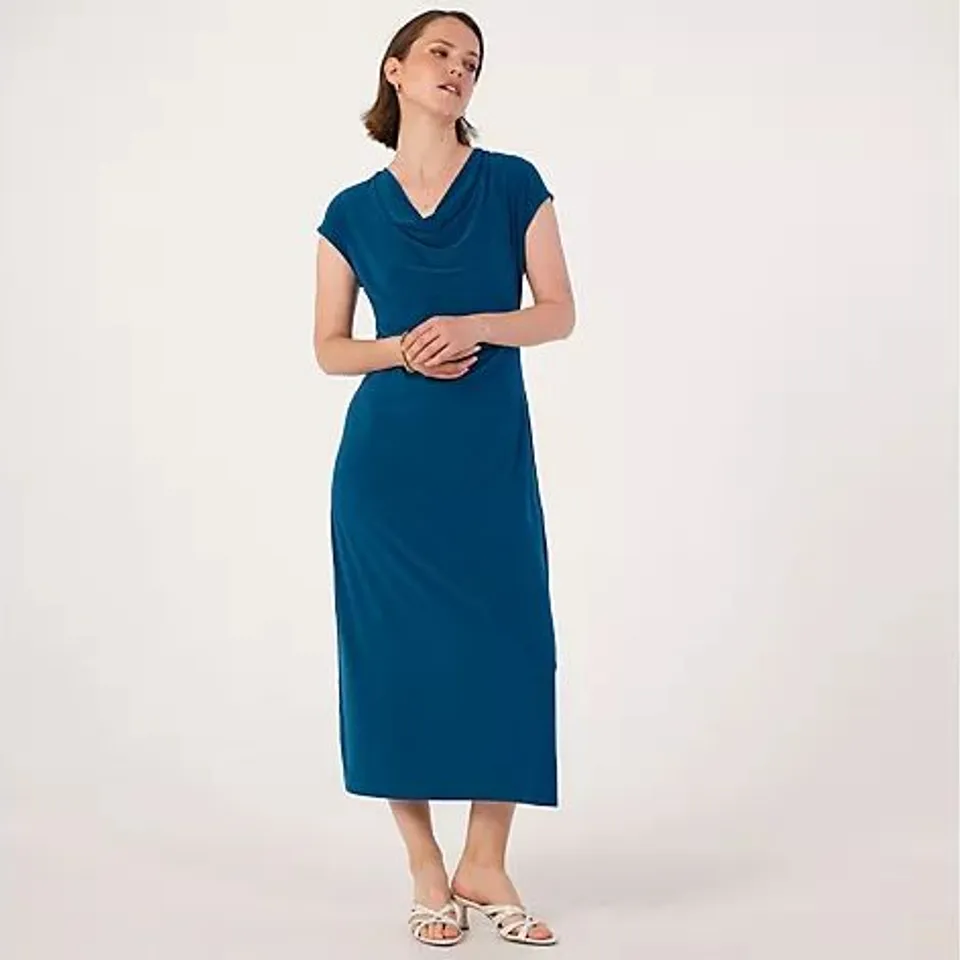 KIM & CO DELUXE BRAZIL JERSEY DRAPE NECKLINE MAXI DRESS