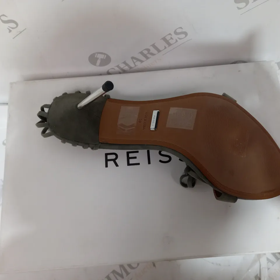 BOXED PAIR OF REISS ZHANE STRAPPY SUEDE HEELS IN GREEN SIZE 6