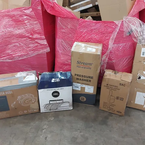 PALLET OF ASSORTED CONSUMER GOODS AND FURNITURE PRODUCTS TO INCLUDE; 30M WATER HOSE, PREMIUM AIR BED, PRESSURE WASHER, LIGHTED LED ARTIFICIAL BIRCH TREE, KID'S SUITCASE ECT.