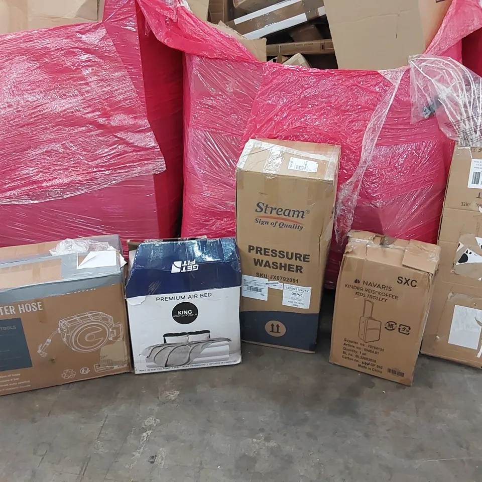 PALLET OF ASSORTED CONSUMER GOODS AND FURNITURE PRODUCTS TO INCLUDE; 30M WATER HOSE, PREMIUM AIR BED, PRESSURE WASHER, LIGHTED LED ARTIFICIAL BIRCH TREE, KID'S SUITCASE ECT.