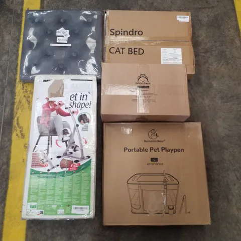 PALLET CONTAINING ASSORTED PRODUCTS INCLUDING GREY VELVET OTTOMAN, CAT BED, BABY WIPES, PORTABLE PET PLAYPEN & BI-PEDALER WITH COUNTER