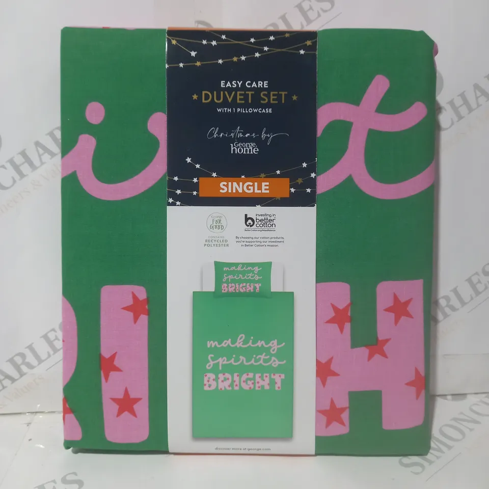 BRAND NEW 'MAKING SPIRITS BRIGHT' EASY CARE SINGLE DUVET SET WITH TWO PILLOWCASES- 100% COTTON