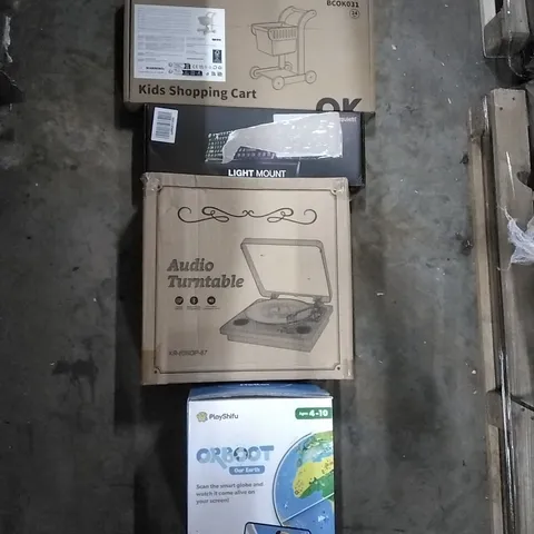 PALLET OF HOUSEHOLD ITEMS TO INCLUDE KIDS SHOPPING CART,KEYBOARD LIGHT MOUNT,AUDIO TURNTABLE, ORBOOT EARTH AND OTHER ASSORTED ITEMS...