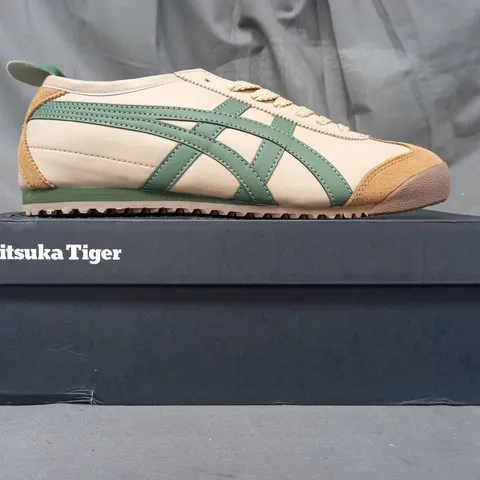 BOXED PAIR OF ONITSUKA TIGER SHOES IN TAN/GREEN UK SIZE 5.5