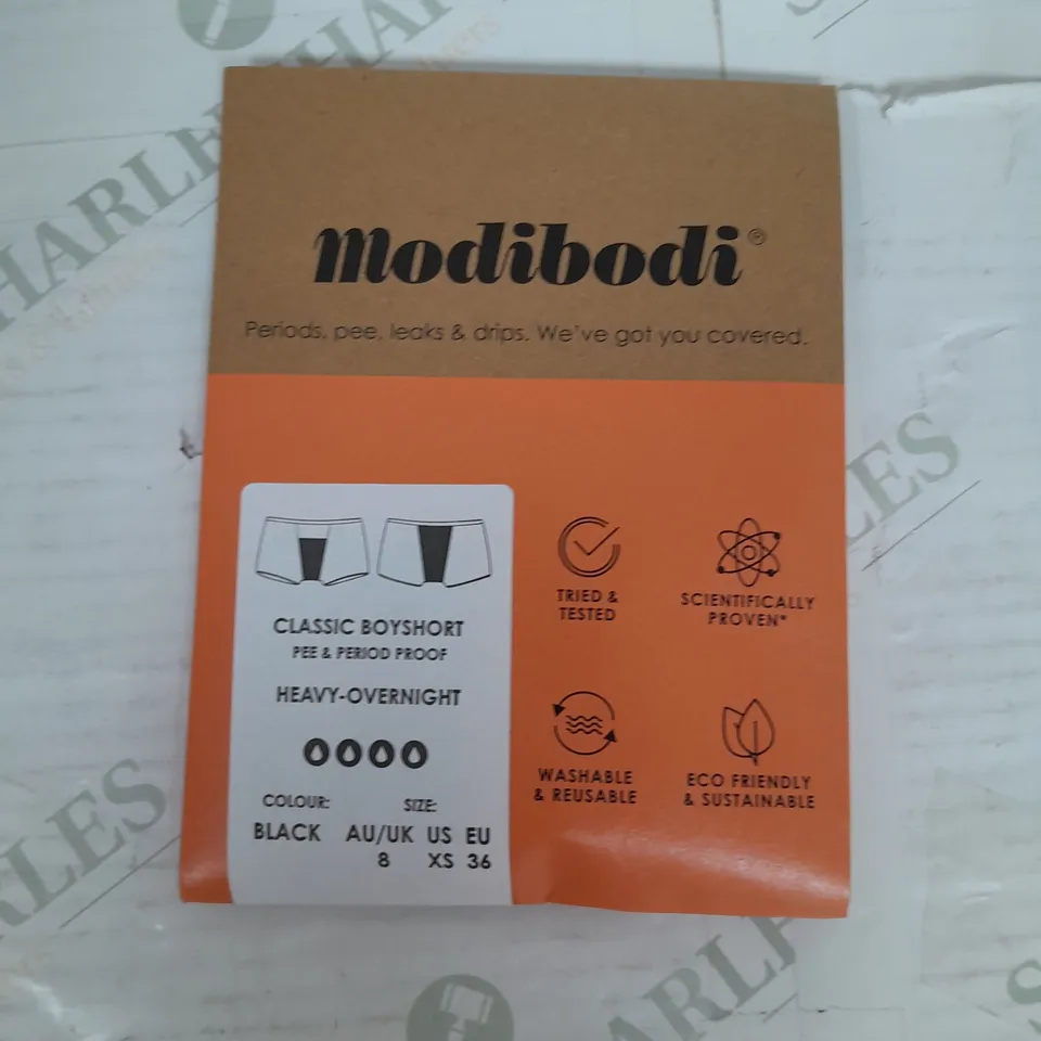 MODIBODI PERIOD UNDERWEAR CLASSIC BOYSHORT HEAVY-OVERNIGHT IN BLACK SIZE 8/XS RRP £125