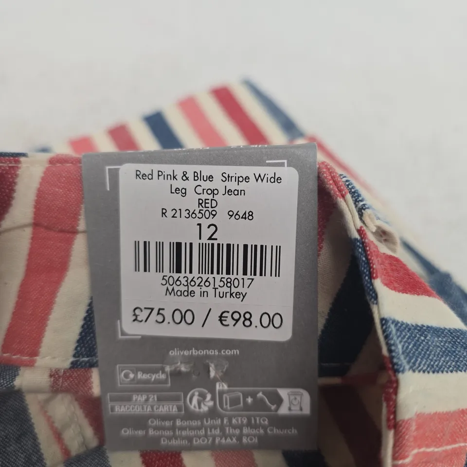 OLIVER BONAS RED, PINK & BLUE STRIPE WIDE-LEG CROP JEANS, UK 12