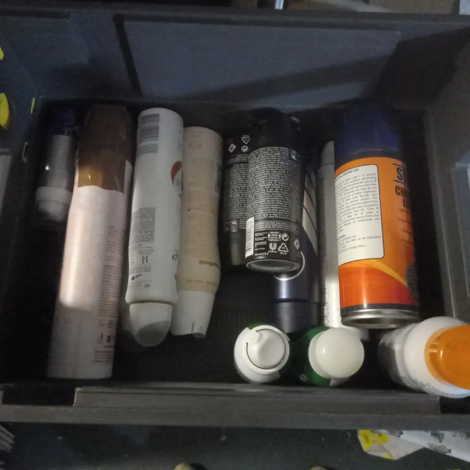 BOX OF APPROX 15 ASSORTED AEROSOLS INCLUDING STERLING CHAIN & CABLE LUBRICANT, NIVEA BLACK AND WHITE DEODORANT, SURE BRIGHT BOUQUET DEODORANT - COLLECTION ONLY