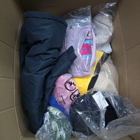 LARGE BOX OF APPROXIMATELY 25 ASSORTED CLOTHING ITEMS IN VARIOUS COLOURS, STYLES AND SIZES - COLLECTION ONLY