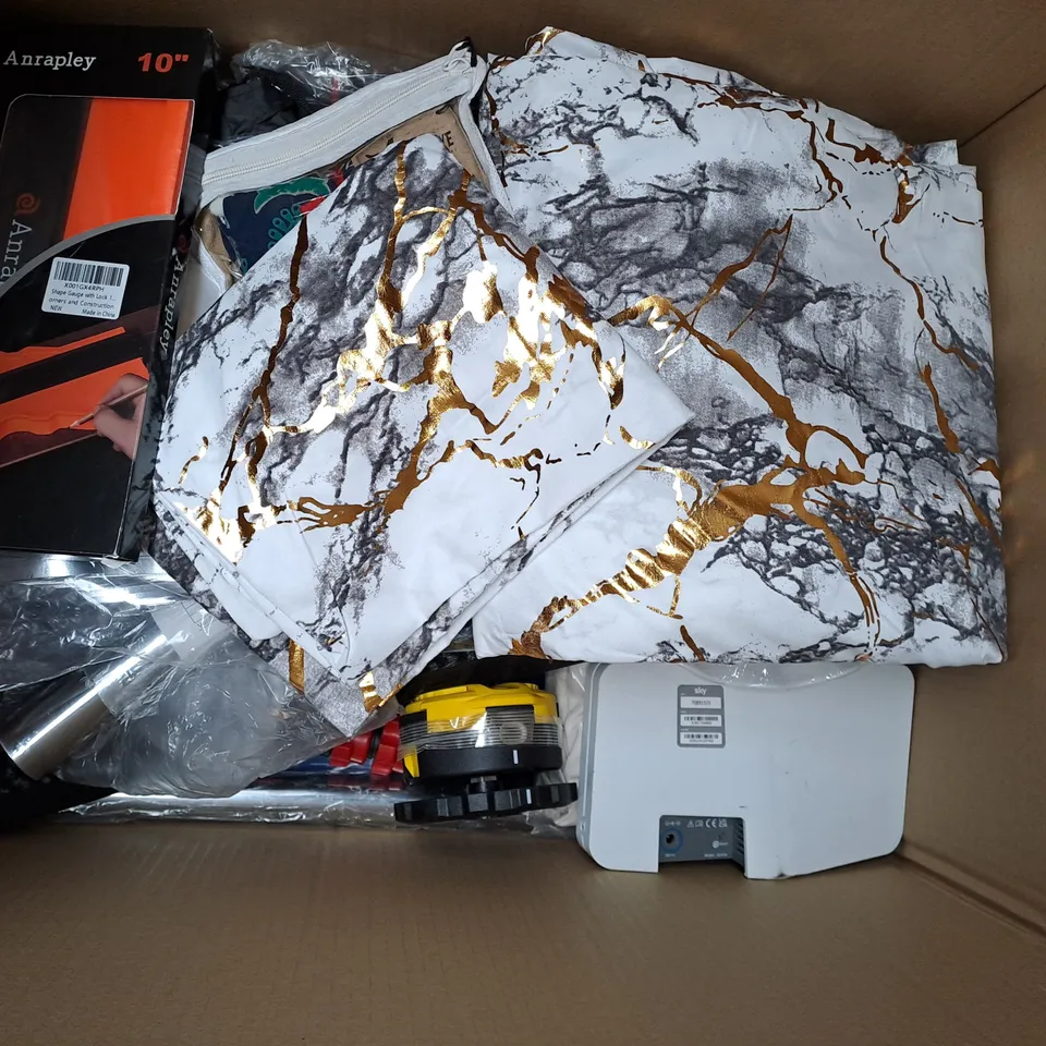 BOX OF APPROXIMATELY 20 ASSORTED HOUSEHOLD ITEMS TO INCLUDE THERMAL LABELS, CONCENTRATED TLC STRIPS, DOG FETCH AND CARRY BALLS, ETC