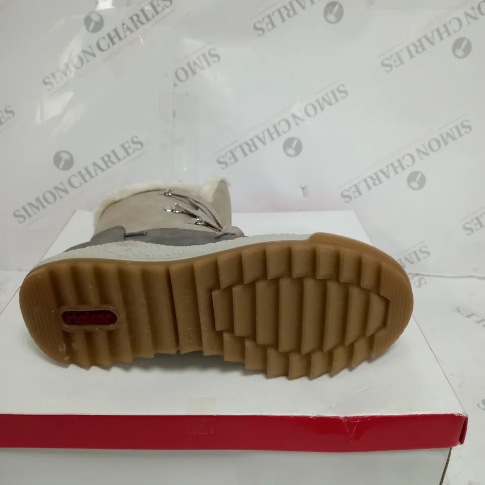 BOXED PAIR OF RIEKER ANTISTRESS WATER RESISTANT WARM HIKING BOOTS, CREAM - SIZE 6.5 