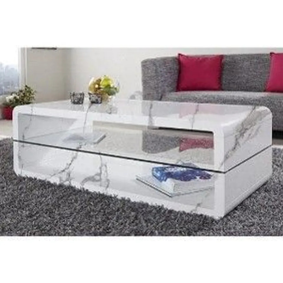 BOXED XONO DIVA MARBLE EFFECT COFFEE TABLE WITH GLASS SHELF - WHITE MARBLE (1 BOX)