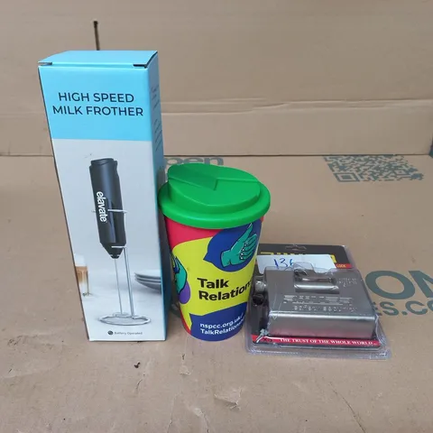 TOTE OF APPROXIMATELY 15 ASSORTED ITEMS TO INCLUDE ELEVATE HIGH SPEED FROTHER, TALK RELATIONSHIP COFFEE CUP, SECURITY LOCK WITH KEYS ETC