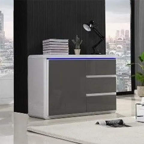 BOXED DESIGNER 1-DOOR 3-DRAWER SIDEBOARD - WHITE WITH GREY FRONT (2 BOXES)