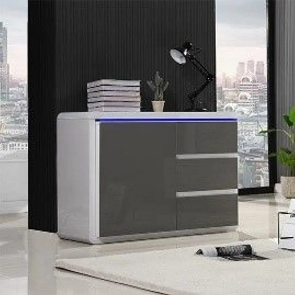BOXED DESIGNER 1-DOOR 3-DRAWER SIDEBOARD - WHITE WITH GREY FRONT (2 BOXES)