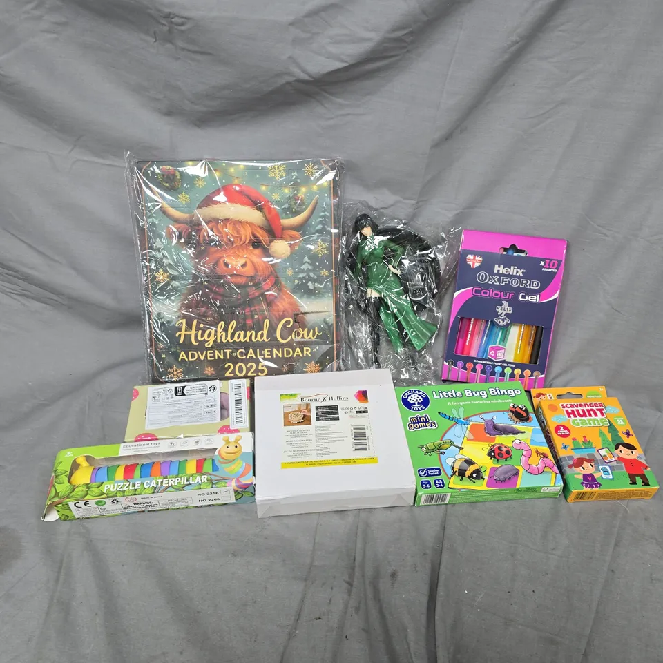 APPROXIMATELY 10 ASSORTED TOYS & GAMES PRODUCTS TO INCLUDE HIGHLAND COW ADVENT CALENDER, HELIX OXFORD COLOUR GEL PENS, LITTLE BUG BINGO, ETC