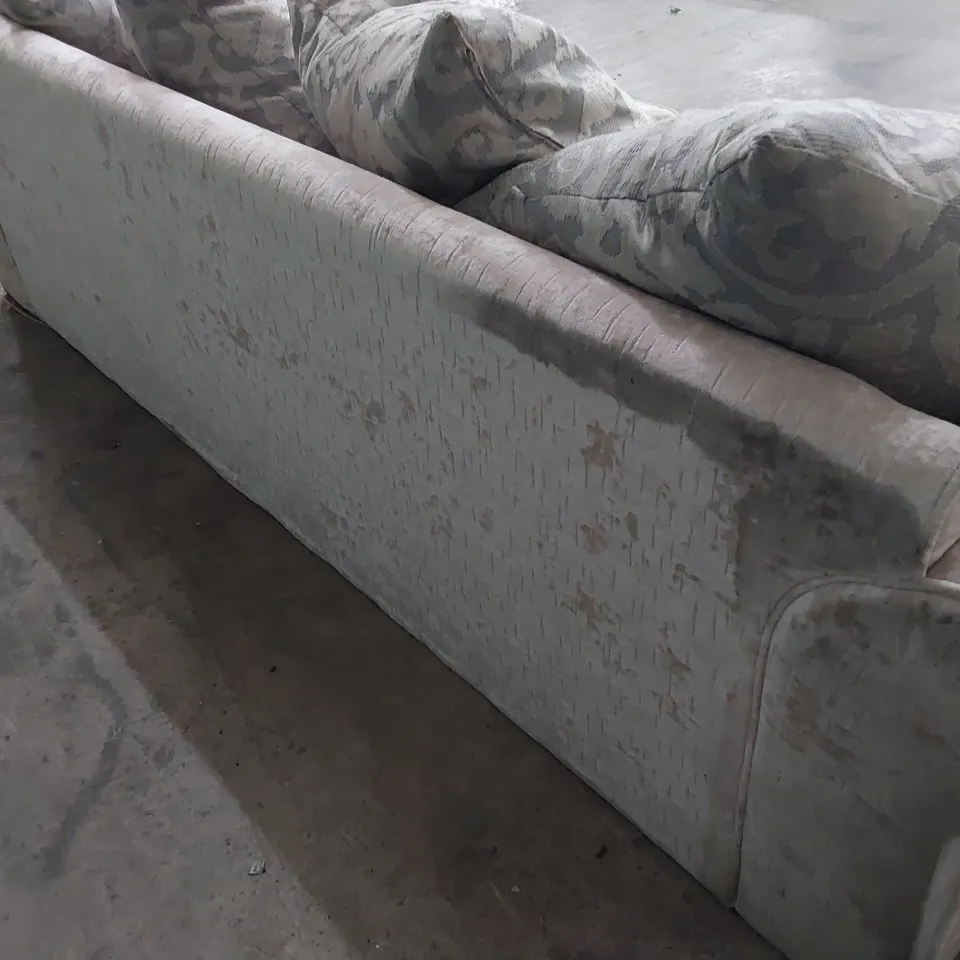 DESIGNER THREE SEATER SCROLL ARM SOFA WITH SCATTER CUSHIONS SILVER FABRIC & STUDDED DETAIL