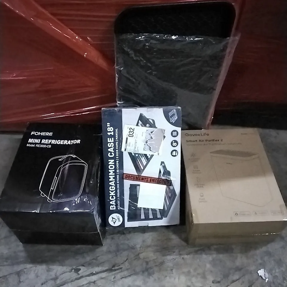 PALLET OF HOUSEHOLD ITEMS TO INCLUDE MINI REFRIGERATOR, BACKGAMMON CASE,  AIR PURIFIER AND OTHER ASSORTED ITEMS...