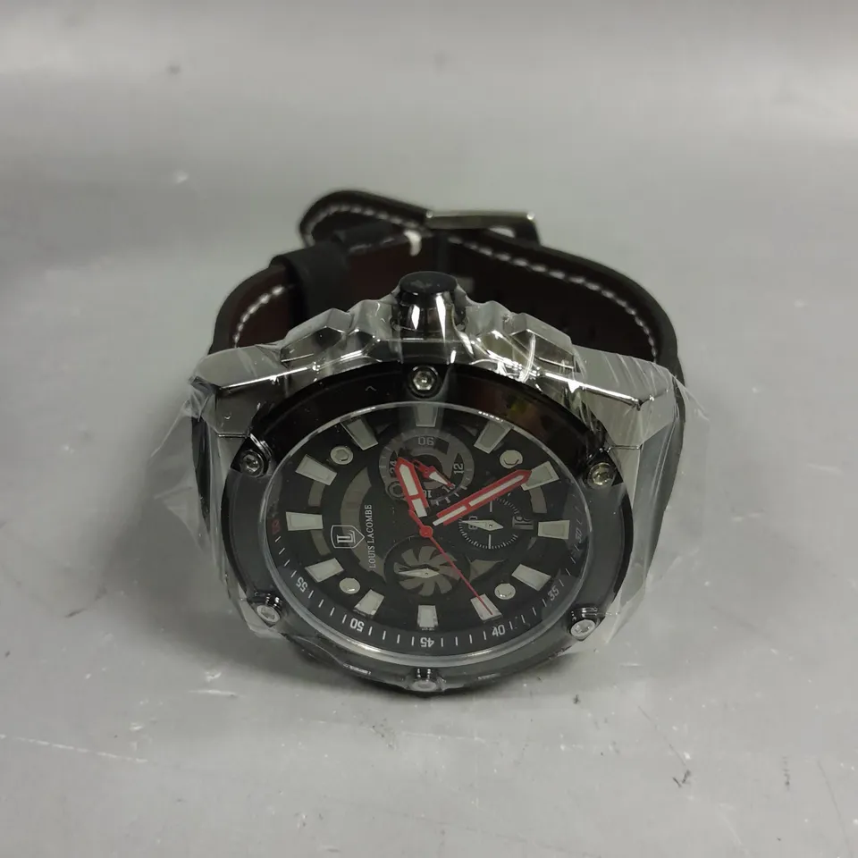 MENS LOUIS LACOMBE CHRONGRAPH WATCH – 3 SUB DIALS – SILVER COLOUR CASE – LEATHER STRAP
