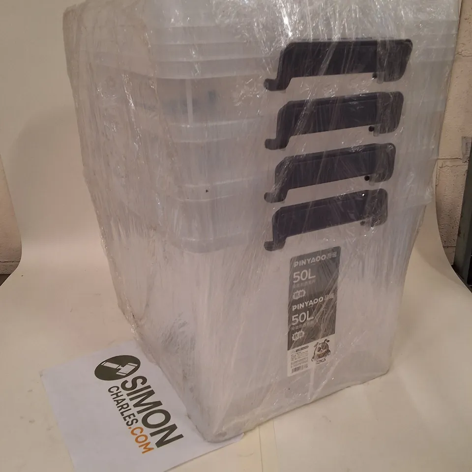 LOT OF 4 PINYAOO 50L PLASTIC STORAGE BOXES WITH LIDS