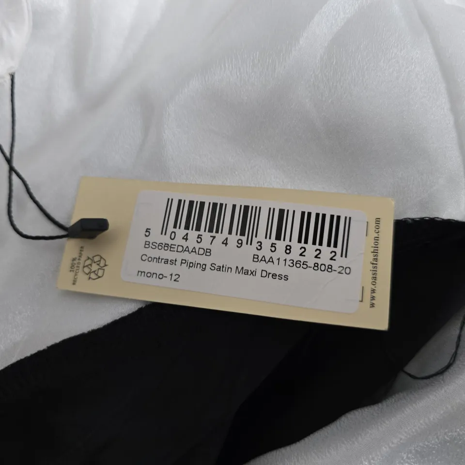 OASIS CONTRAST PIPING SATIN MAXI DRESS – UK 12, BLACK WITH WHITE BODICE
