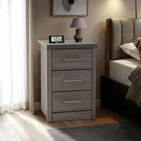 BOXED LISBON 3 DRAWER BEDSIDE CHEST - BLACK WOOD GRAIN (1 BOX)