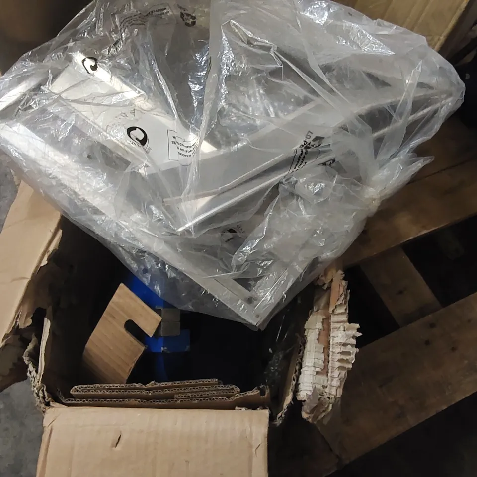 PALLET OF ASSORTED ITEMS INCLUDING DAMAGED VICES, MEAT WRAPPER ECT