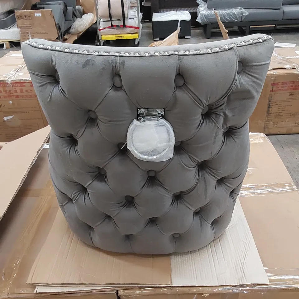 BOXED ELIZABETH DINING CHAIR IN GREY VELVET WITH ROUND CHROME KNOCKER WITH OAK LEGS - SET OF 2