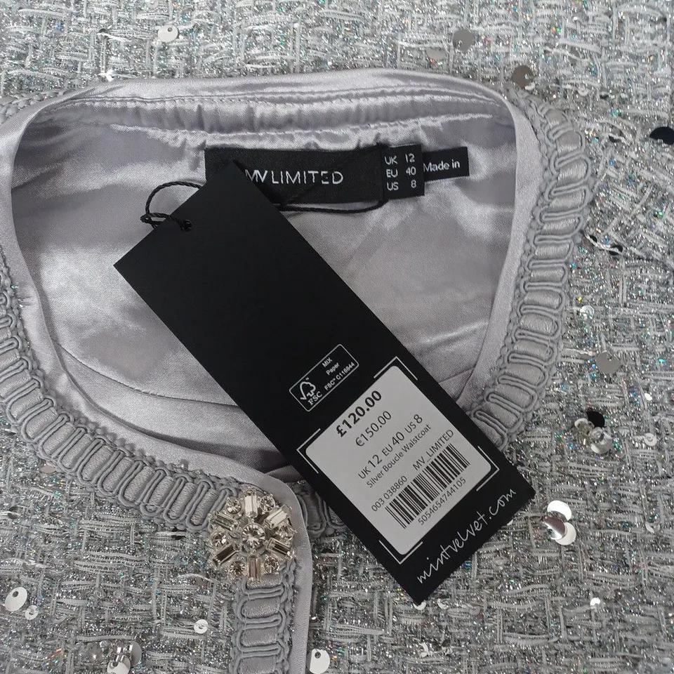 MY LIMITED MINT VELVET SEQUIN TWEED WAISTCOAT – SILVER, UK 12
