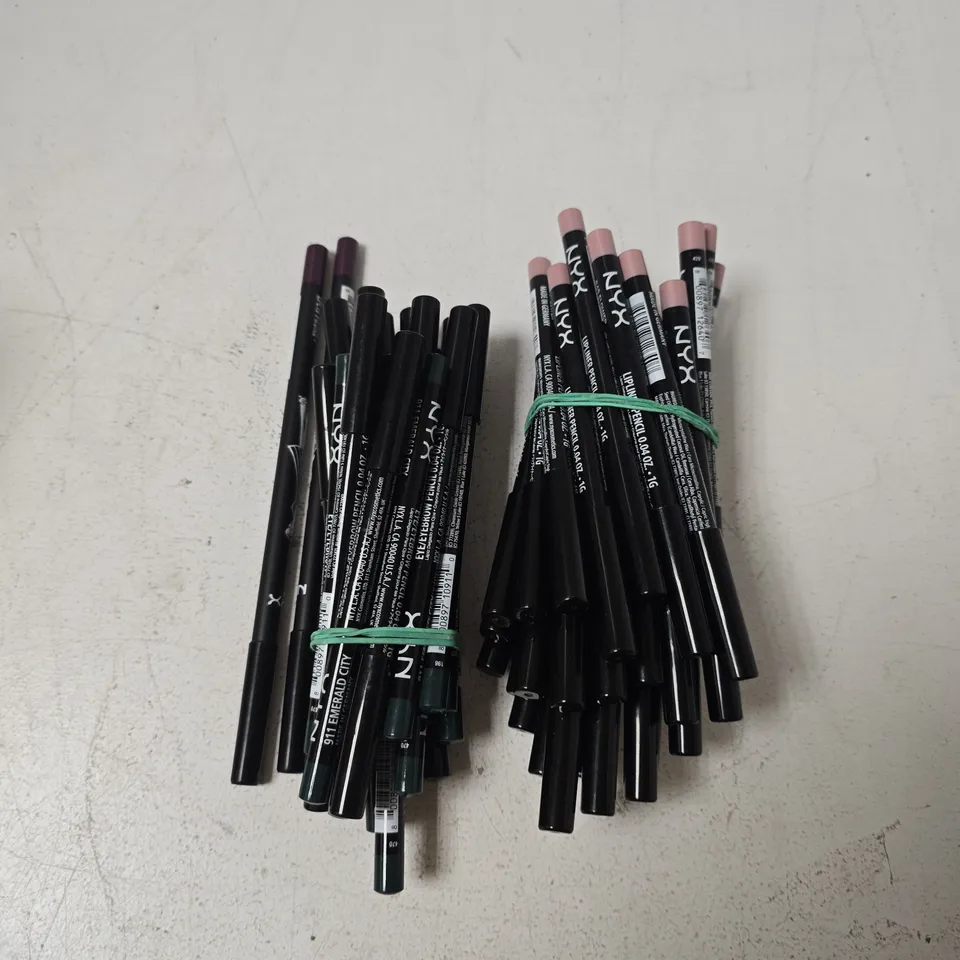 APPROXIMATELY 70 ASSORTED NYX EYEBROW/LIP PENCILS IN VARIOUS COLOURS