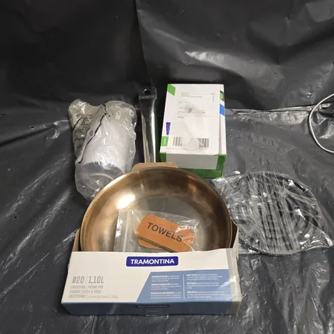 BOX OF APPROXIMATELY 10 ASSORTED HOUSEHOLD GOODS TO INCLUDE FRYING PAN , ALARM CLOCKS , WALL CLOCK , ETC 