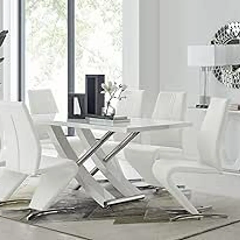 BOXED MAYFAIR 160cm LARGE 6-SEATER WHITE HIGH GLOSS AND STAINLESS STEEL DINING TABLE (3 BOXES)