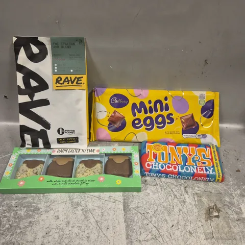 APPROXIMATELY 10 ASSORTED FOOD/DRINK PRODUCTS TO INCLUDE MINI EGGS BAR, RAVE COFFEE, TONY'S CHOCOLATE ETC 