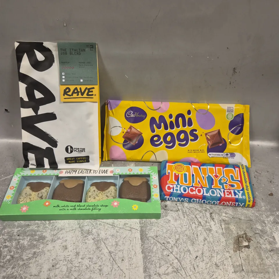 APPROXIMATELY 10 ASSORTED FOOD/DRINK PRODUCTS TO INCLUDE MINI EGGS BAR, RAVE COFFEE, TONY'S CHOCOLATE ETC 