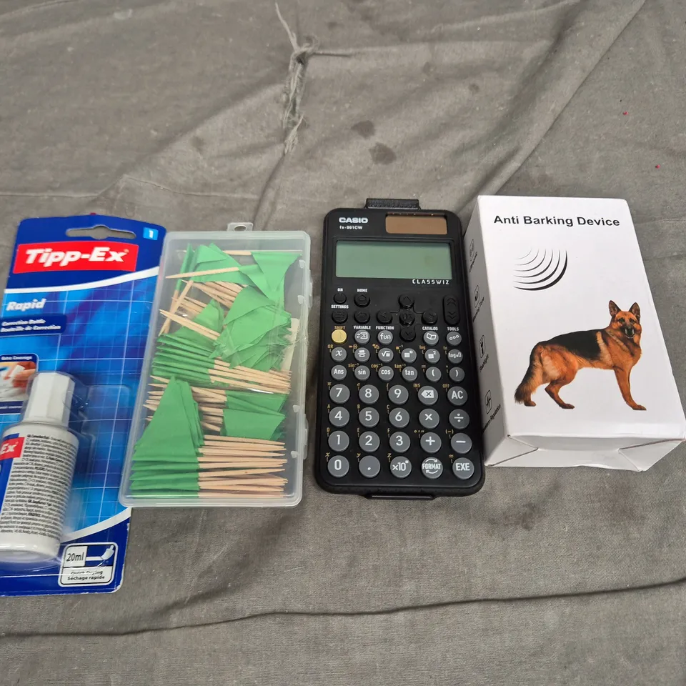 APPROXIMATELY 15 ASSORTED HOUSEHOLD ITEMS TO INCLUDE ANTI BARKING DEVICE, TIPP-EX AND A CASIO CALCULATOR