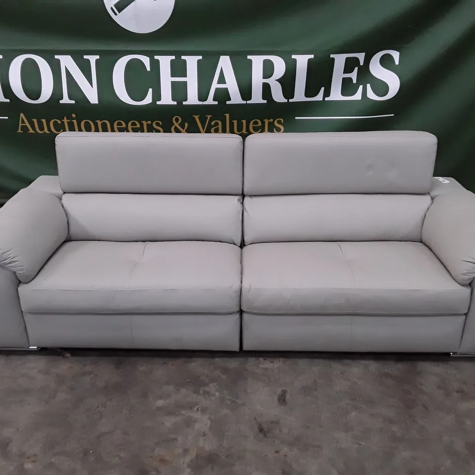 DESIGNER 4 SEATER SOFA WITH ADJUSTABLE HEADREST - LIGHT GREY LEATHER 
