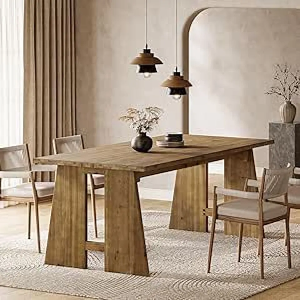 BOXED TRIBEWOOD 180cm DINING TABLE FOR 6-8 PEOPLE, SOLID WOOD RECTANGLE KITCHEN TABLE WITH HEAVY-DUTY LEGS - NATURAL BROWN (1 BOX)