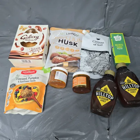 APPROXIMATELY 10 ASSORTED FOOD ITEMS TO INCLUDE GALAXY EGG, NKDLIVING FIBRE POWDER, AND BLOSSOM HONEY ETC. 