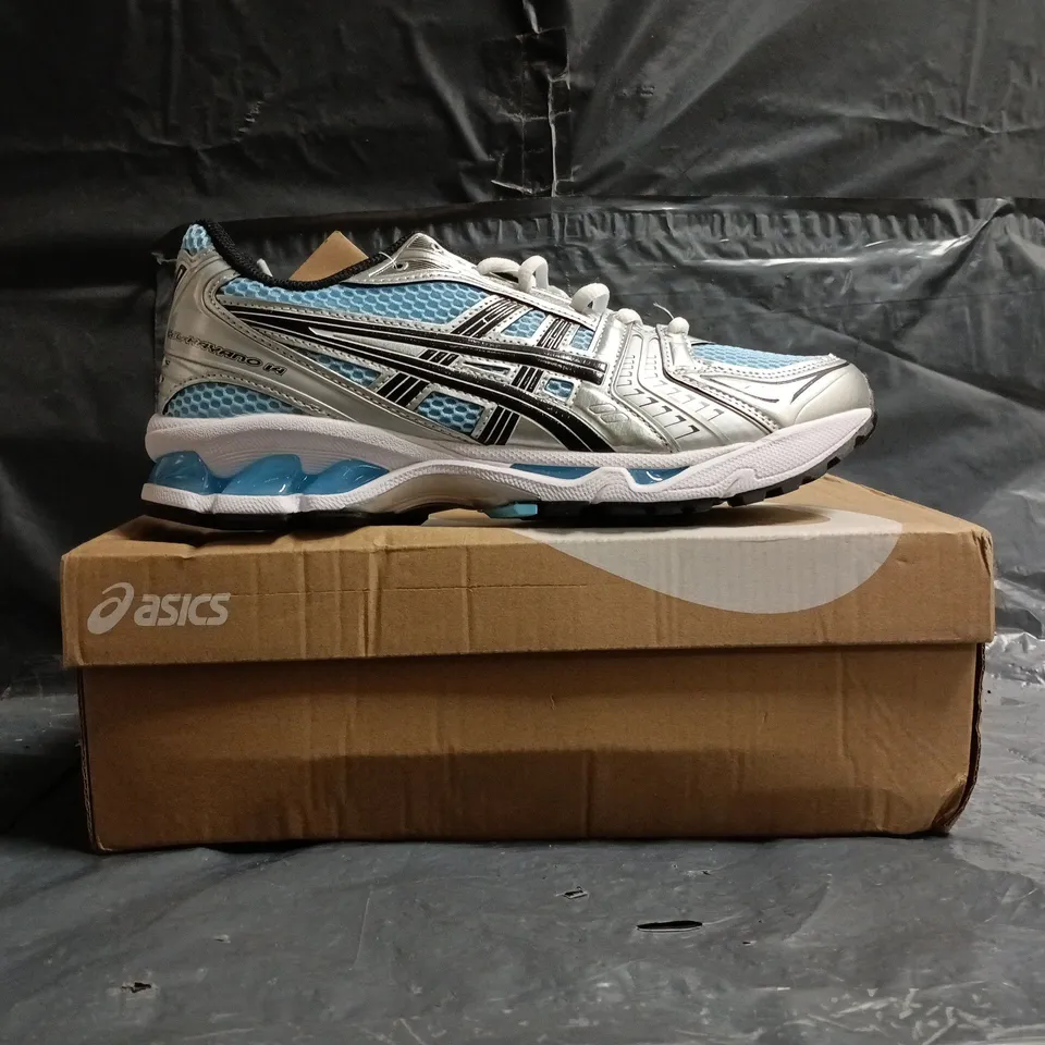 BOXED PAIR OF ASICS GEL-KAYANO 14 TRAINERS IN BLUE/SILVER/BLACK SIZE UK 9