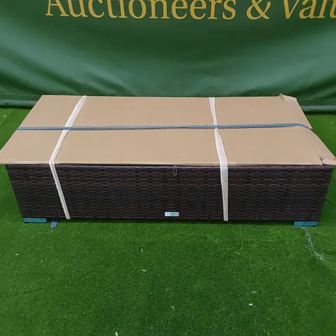 DESIGNER CHOCOLATE MIX RATTAN COFFEE TABLE/BENCH WITH GLASS TOP AND CUSHION