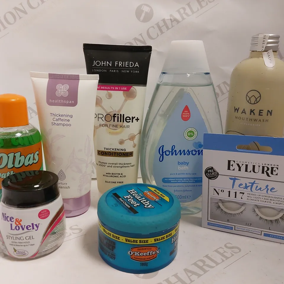 BOX OF APPROX 20 COSMETIC ITEMS TO INCLUDE OLBAS BATH, JOHN FRIEDA PRO FILLER CONDITONER, EYLURE TEXTURE LASHES
