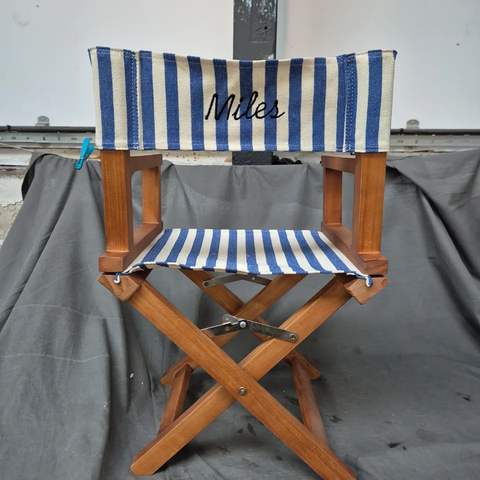 WOODEN CHILD SIZE DIRECTOR'S CHAIR WITH BLUE-AND-WHITE STRIPED FABRIC AND 'MILES' EMBROIDERY