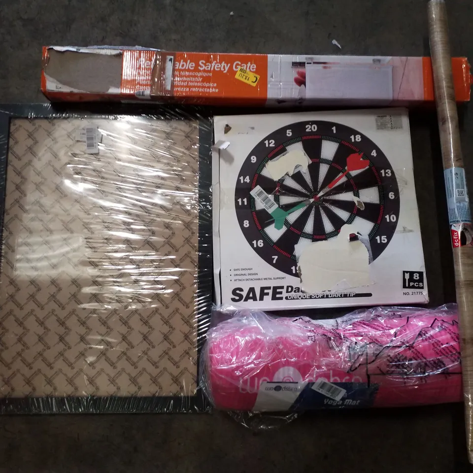 PALLET CONTAINING ASSORTED PRODUCTS INCLUDING RETRACTABLE SAFETY GATE, SELF-ADHESIVE FILM, SAFE DART BOARD, A2 PICTURE FRAME & YOGA MAT