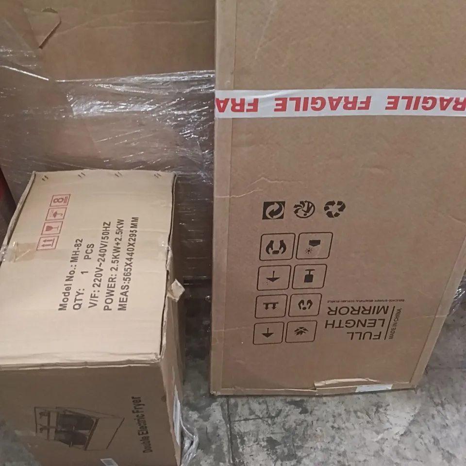 PALLET OF ASSORTED HOUSEHOLD GOODS AND PRODUCTS TO INCLUDE; ELECTRIC FRYER, FULL LENGTH, MIRROR BOXED FURNITURE ETC